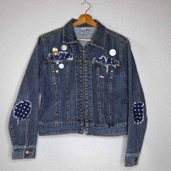 Upcycled Unique Denim Jean Clio Jacket Sz 10 w/ Pins Patches & Polka Dots - Picture 1 of 13